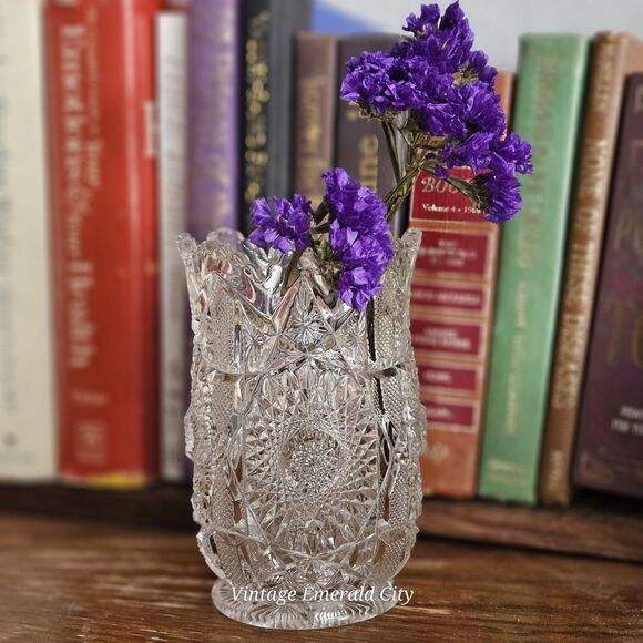 Vtg Brunswick Brilliant Cut Clear Floral Glass Vase Hobstar Sawtooth Rim/ READ - Picture 3 of 12